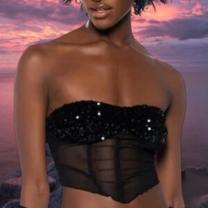 New Pink S black sequin & mesh corset tube top